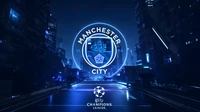 Logo néon futuriste de Manchester City FC dans l'esthétique de la Ligue des champions de l'UEFA