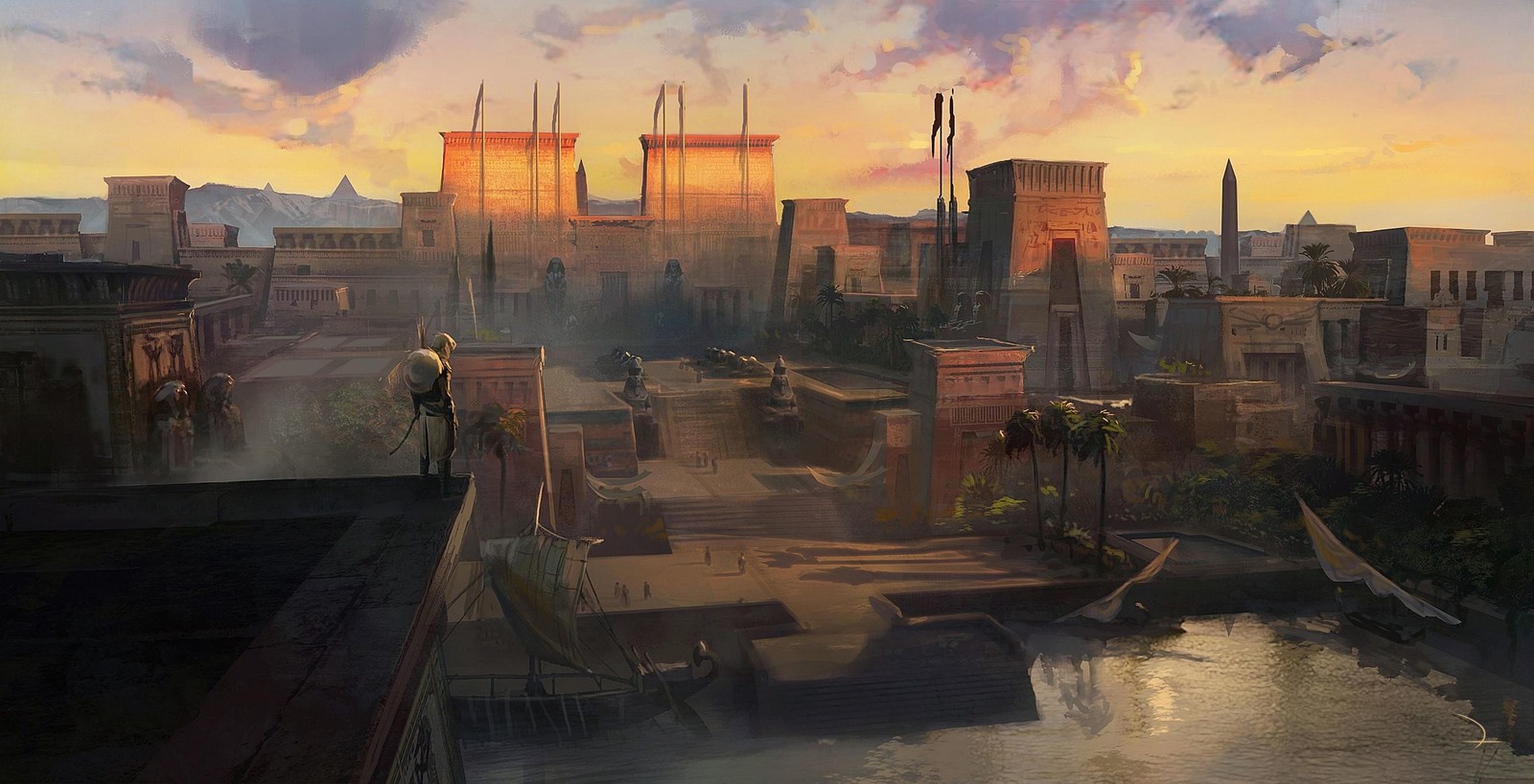 Una pintura de una ciudad con un río y un hombre de pie en un borde (assassins creed origins, ubisoft, paisaje urbano, ciudad, mañana)