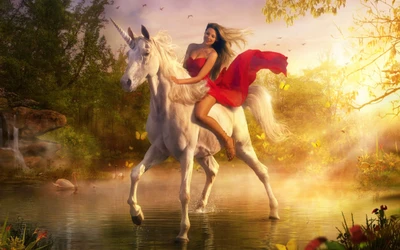 Voyage enchanteur : Une femme en rouge chevauche une licorne majestueuse dans un paysage mythique