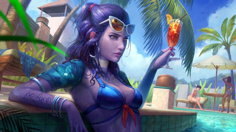 Женщина в бикини, держащая напиток у бассейна (вдова, widowmaker, бикини, bikini, overwatch)