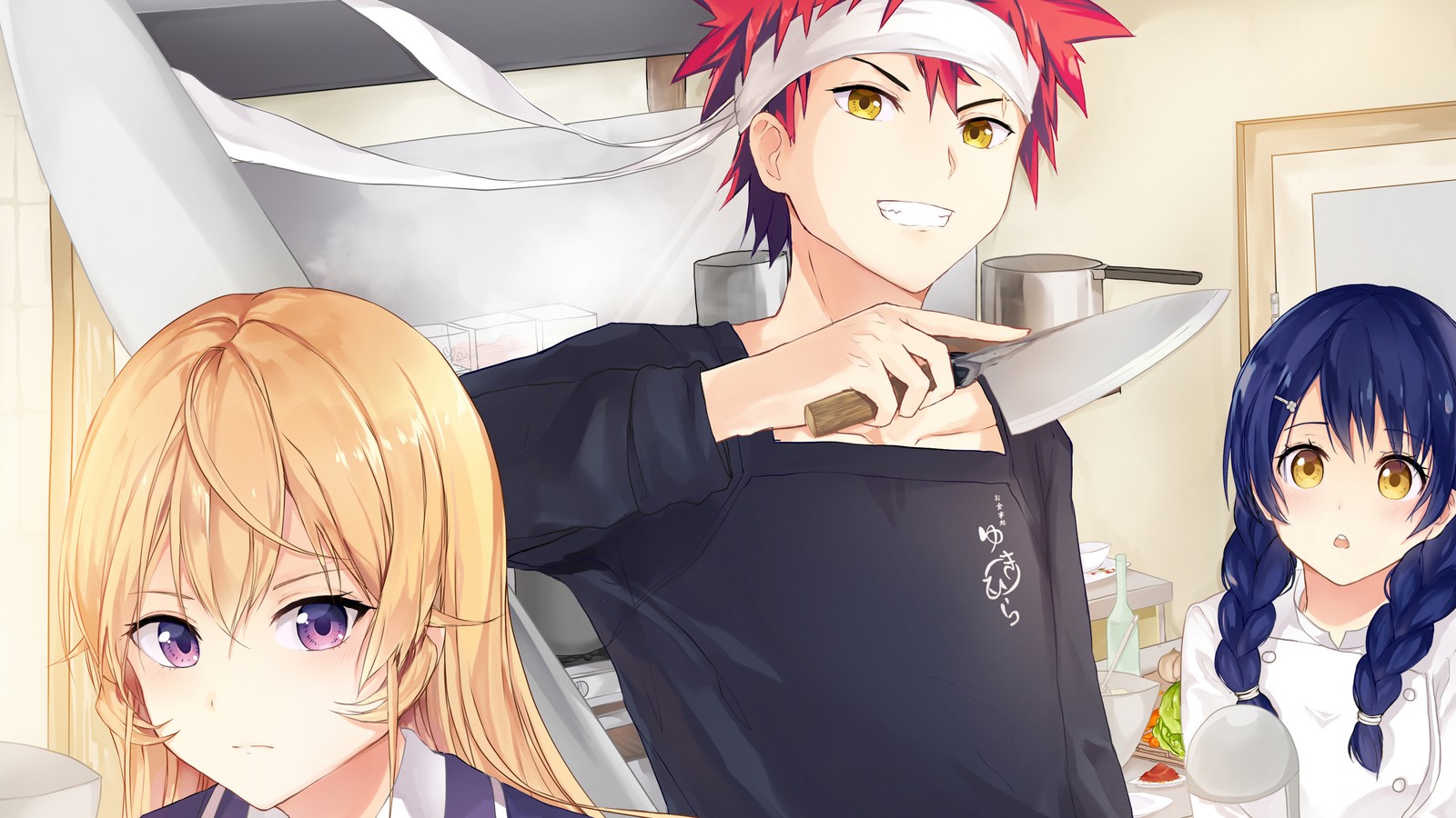 Personajes de anime en una cocina con un cuchillo y una mujer (guerras de comida, shokugeki no soma, 食戟のソーマ, anime, soma)