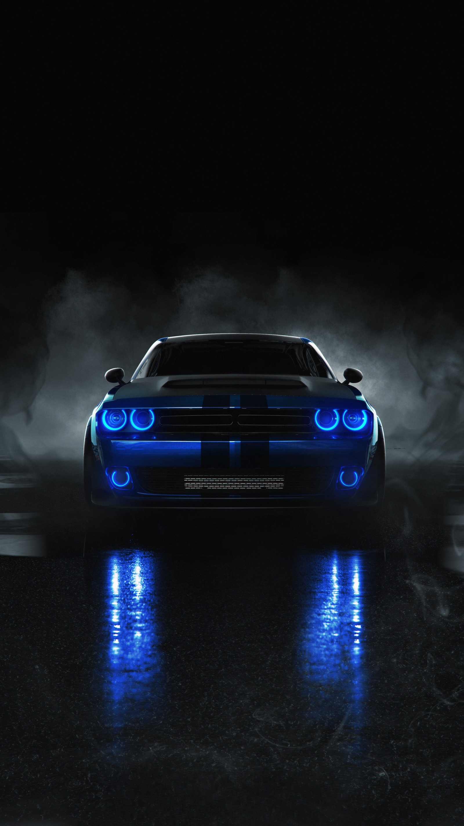 Nahaufnahme eines autos mit blauen lichtern auf einer dunklen straße (dodge challenger, dodge, dodge challenger 2021, autos, ford mustang)