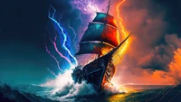 Colorful Ship Battling Lightning Amidst a Turbulent Ocean