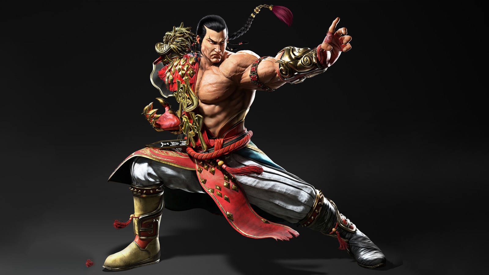 A man in a red and gold outfit holding a sword (feng wei, tekken 8, dark background, games, 4k wallpaper)