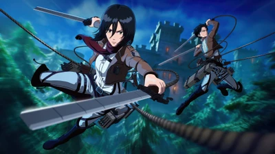 Mikasa et Levi Ackerman en action : une scène dynamique de L'Attaque des Titans