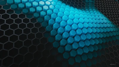 Cyan Honeycomb Pattern with 3D Geometric Blocks on Black Background