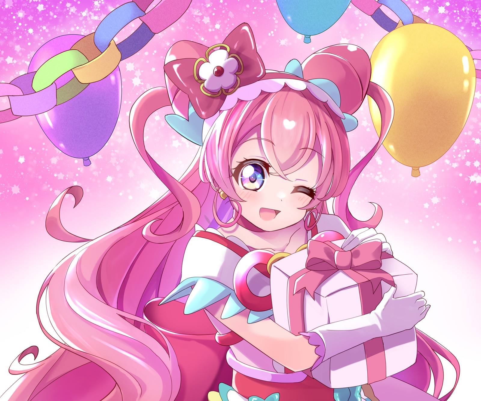 Chica de anime con cabello rosa sosteniendo un regalo frente a globos (yui nagomi, delicious party precure, cure precious, cura bonita, chica de anime)