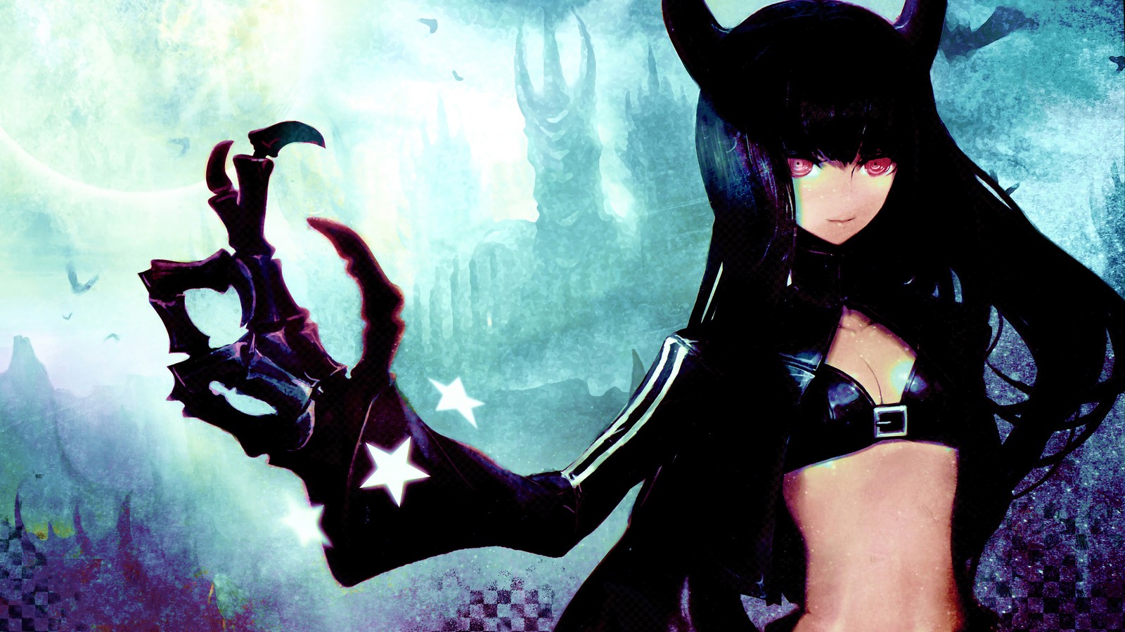 Chica anime con cuernos y una espada en la mano (anime, chicas, fantasía, sierra de oro negro, black rock shooter)