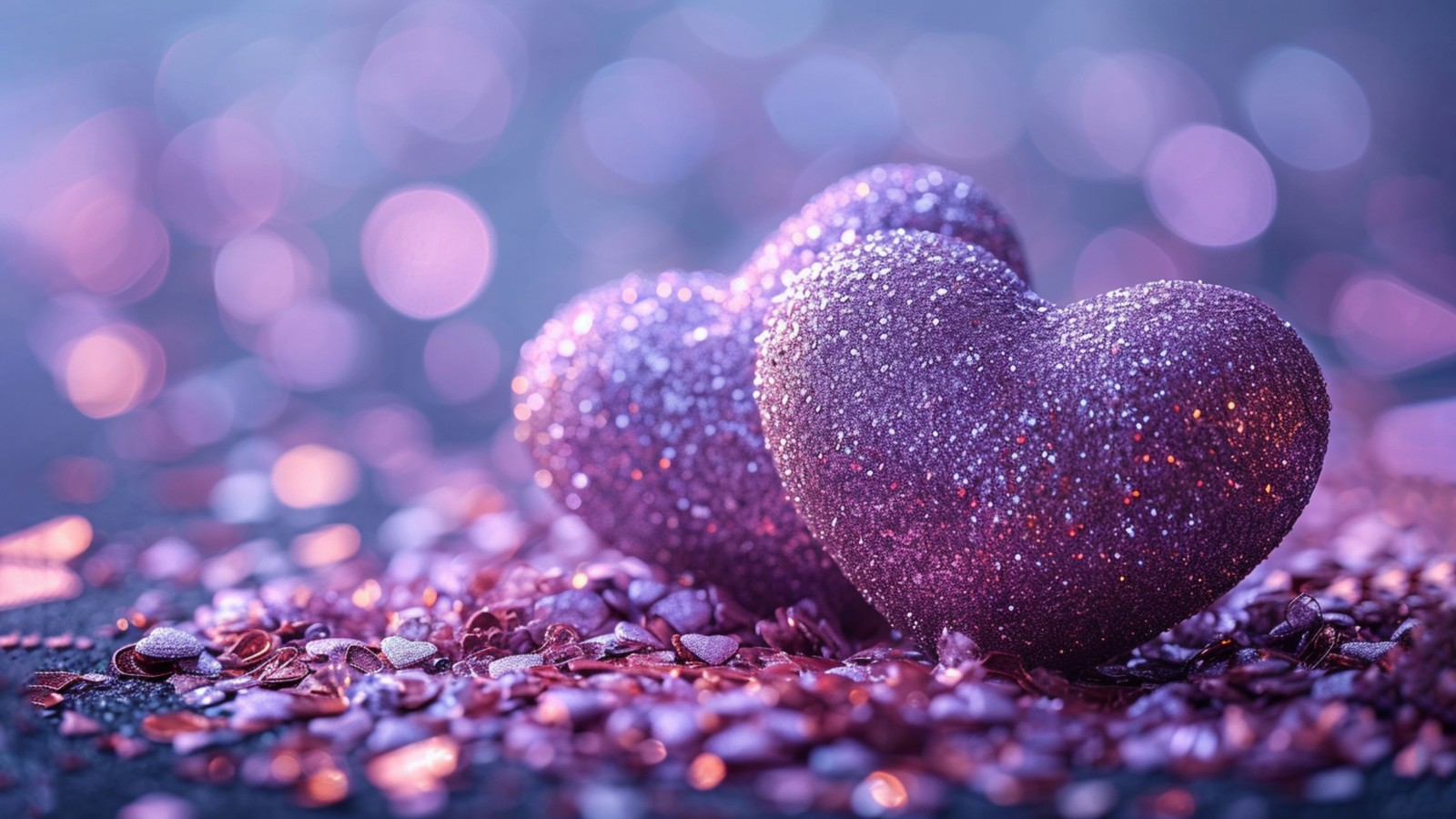 purple hearts, bokeh background, purple aesthetic, glitter background, love wallpaper