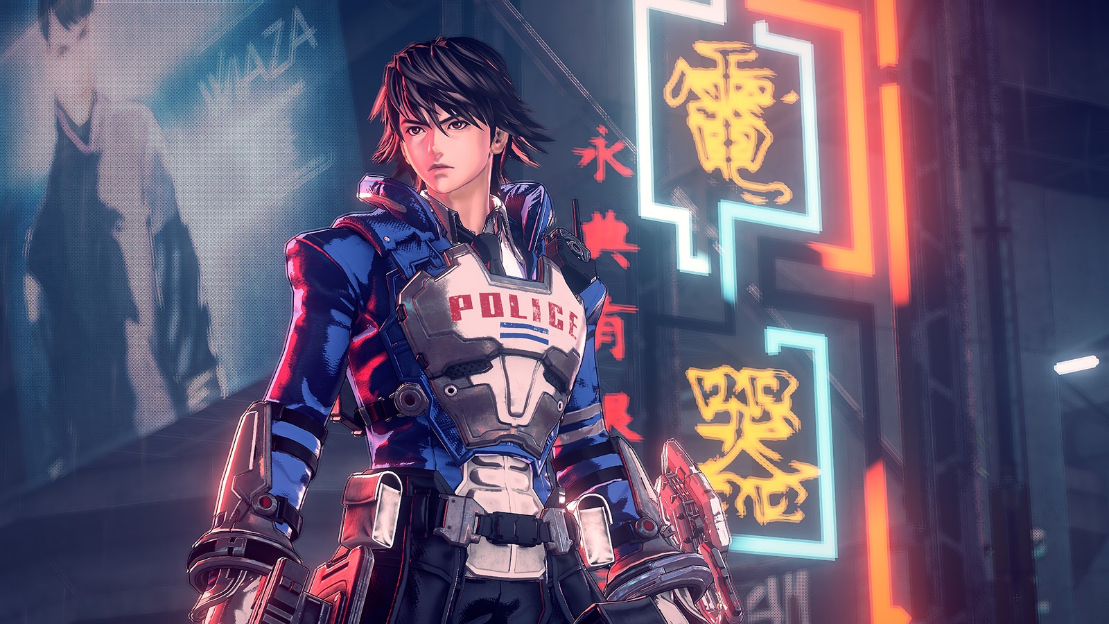 Une femme en costume futuriste se tenant devant un panneau néon (astral chain, jeu vidéo, akira howard)