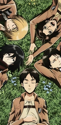 Entspannender Moment unter Freunden: Eren Yeager, Mikasa Ackerman, Armin Arlert und andere in Angriff der Titanen