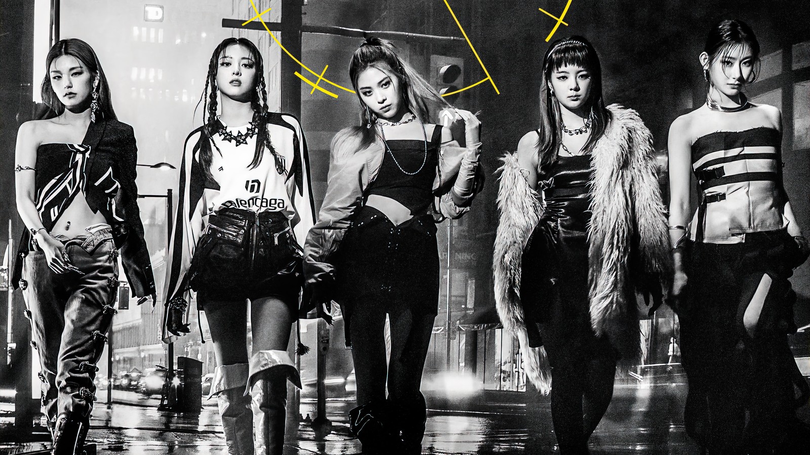 Araffes are standing in the rain in front of a building (itzy, 있지, kpop, k pop, girls)