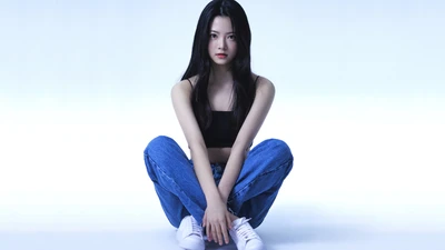 Hong Eunchae von LE SSERAFIM: Fesselnde Pose im lässigen Stil.