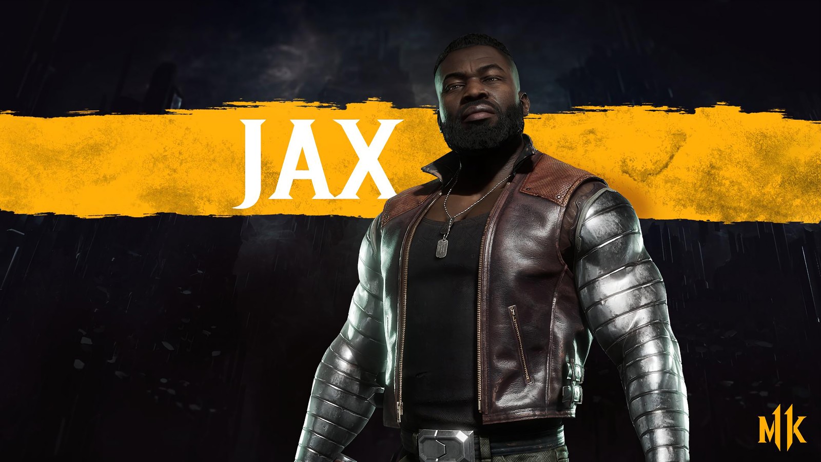 Мужчина в доспехах стоит на фоне желто-черной стены (джекс, jax, mortal kombat 11, видеоигра)