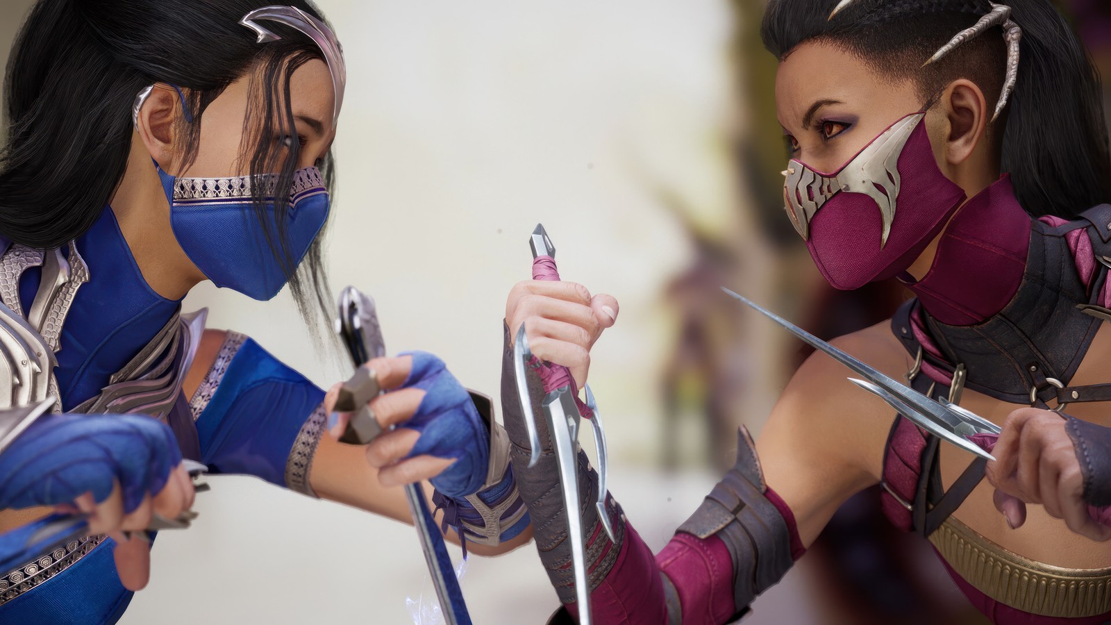 Deux femmes en costumes tiennent des épées et se regardent l'une l'autre (mortal kombat 1, jeu vidéo, mk1, mortal kombat, kitana)