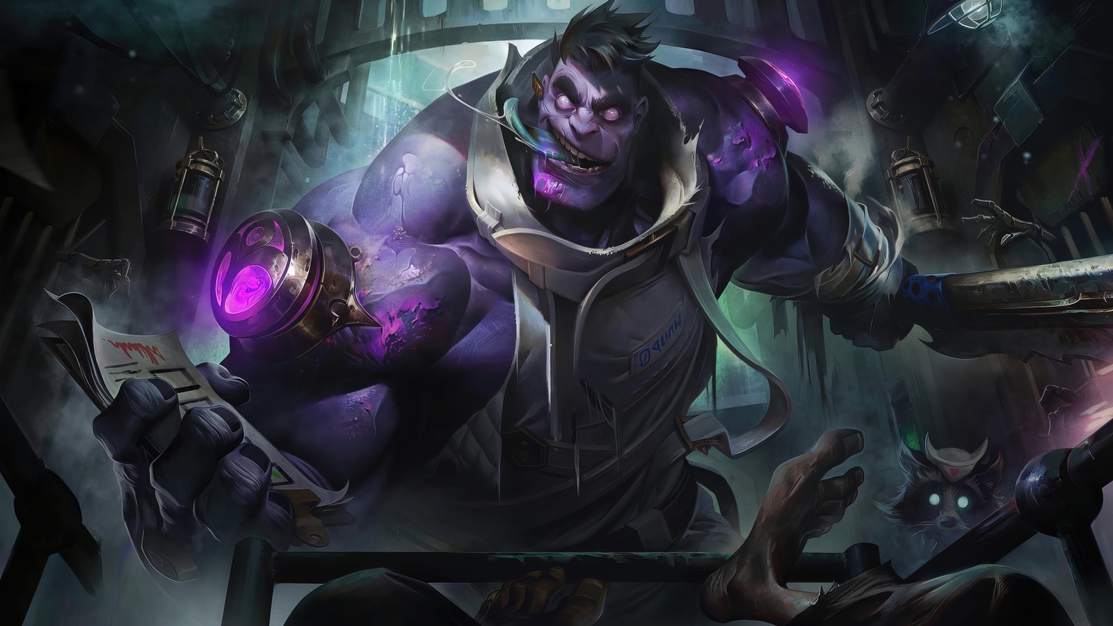 Un homme en tenue violette tenant une lumière violette (dr mundo, révisé, mise à jour, lol, league of legends)