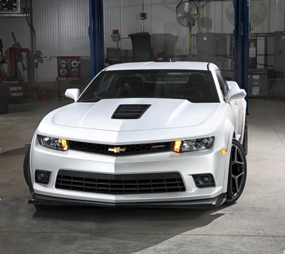 Sleek White Chevrolet Camaro in a Modern Workshop Setting