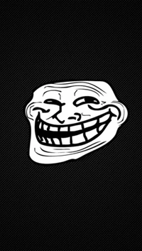 Abstract black background featuring a large, humorous white troll face with a mischievous grin.