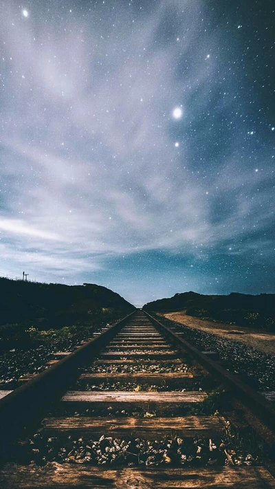 Night Sky Over Railway Tracks