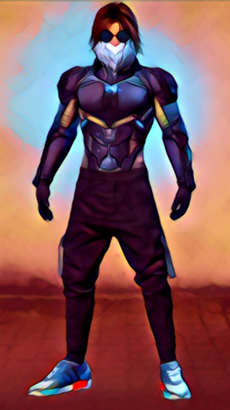 A painting of a man in a purple suit and a mask (cartoon, logo)