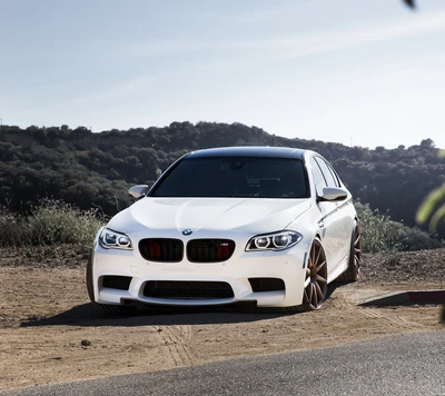 BMW F10 M5 berline blanche modifiée avec des améliorations de tuning