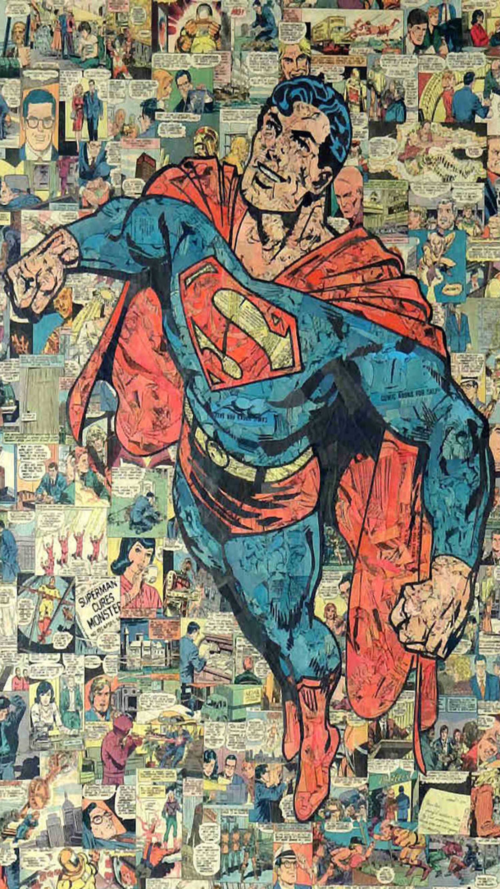 Gros plan d'un collage de superman avec des personnages de bande dessinée (meilleur, bande dessinée, bandes dessinées, héros, marvel)