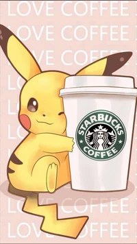 Pikachu Enjoying Starbucks Coffee