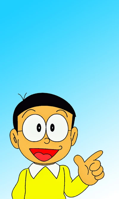 O sorriso alegre de Nobita contra um céu brilhante