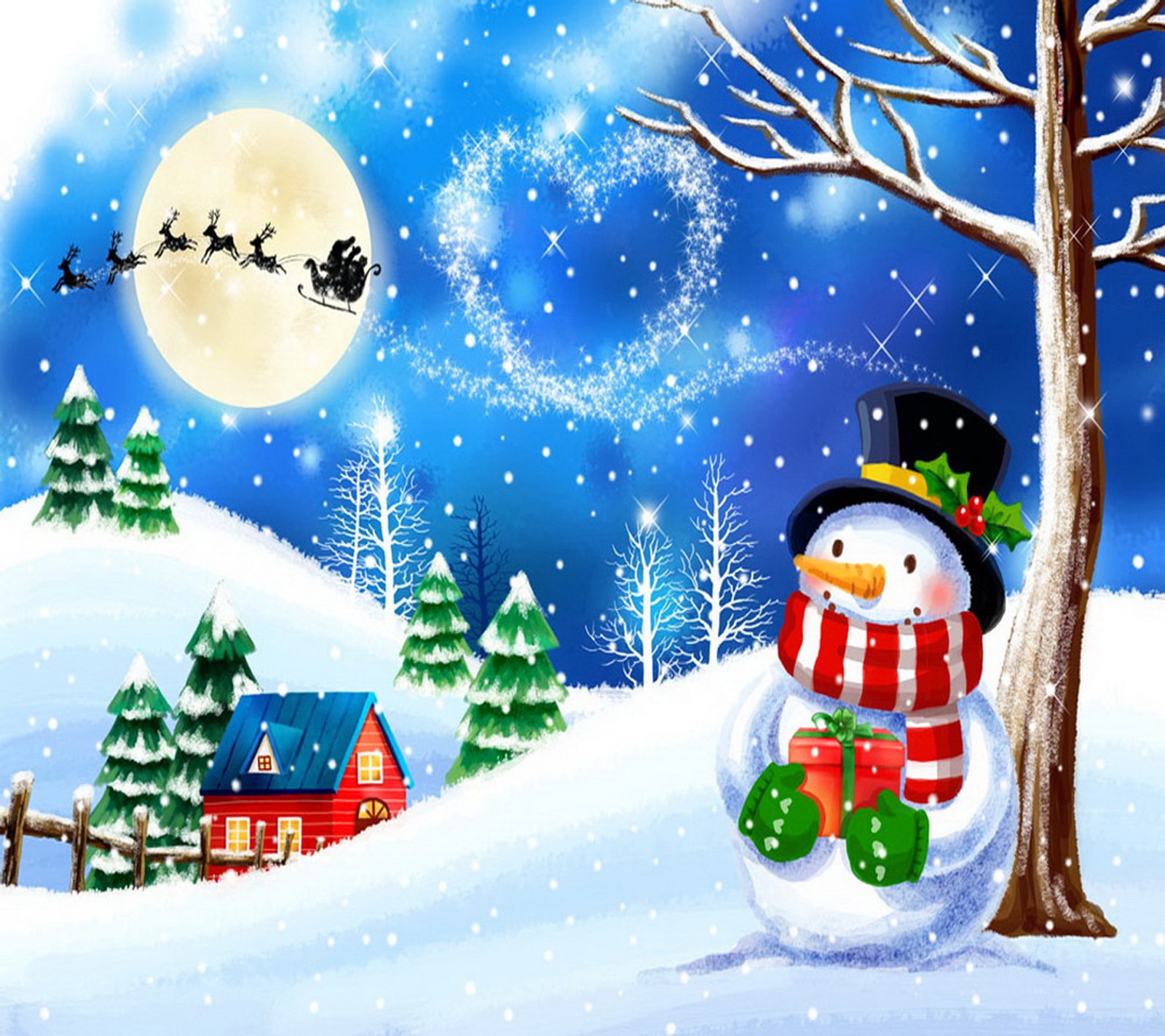 A cartoon snowman in a red scarf and hat standing in the snow (christmas, merry)