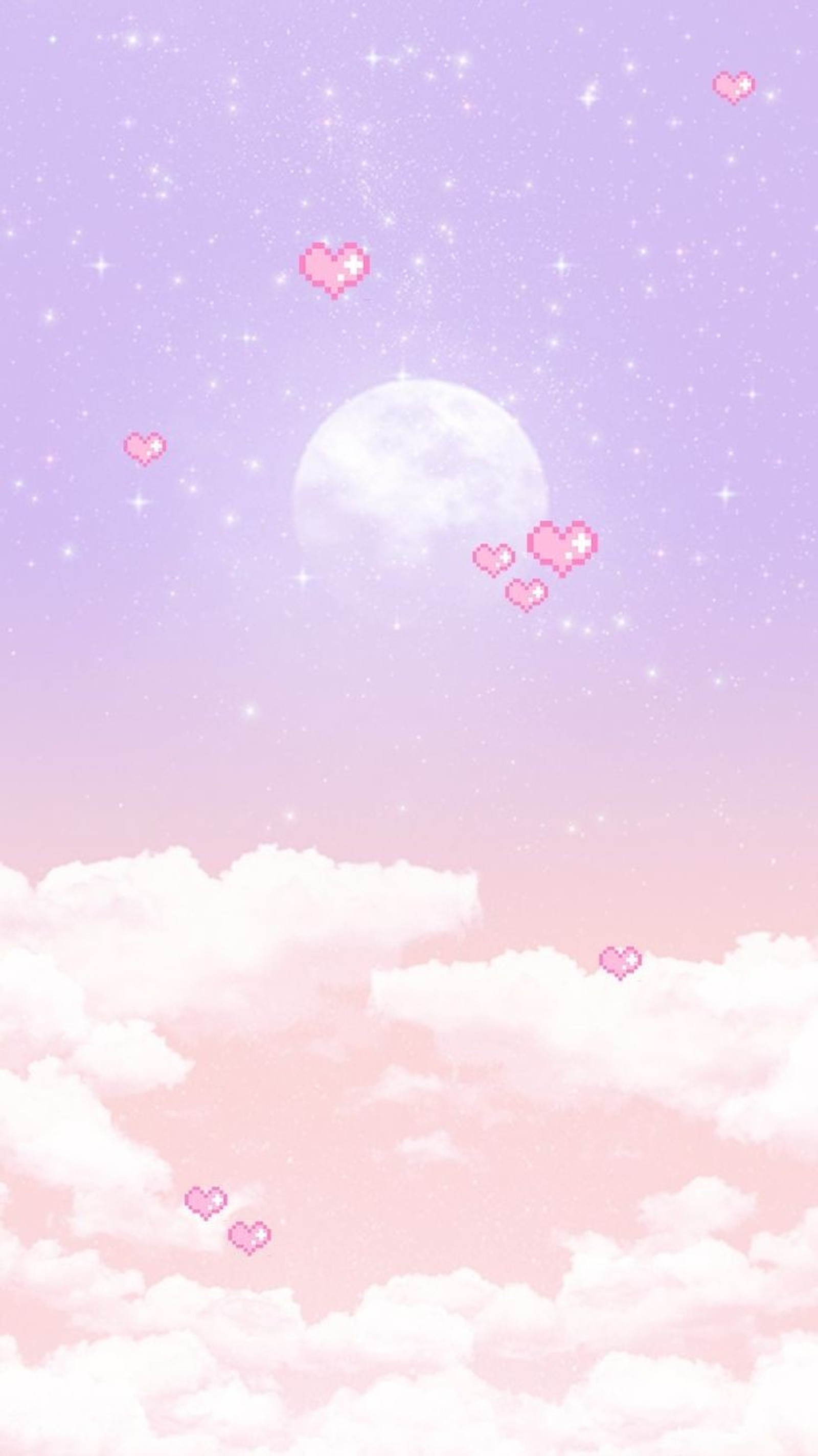 Il y a beaucoup de cœurs flottant dans le ciel avec une pleine lune (mignon, kawaii, lune, pastel, violet)