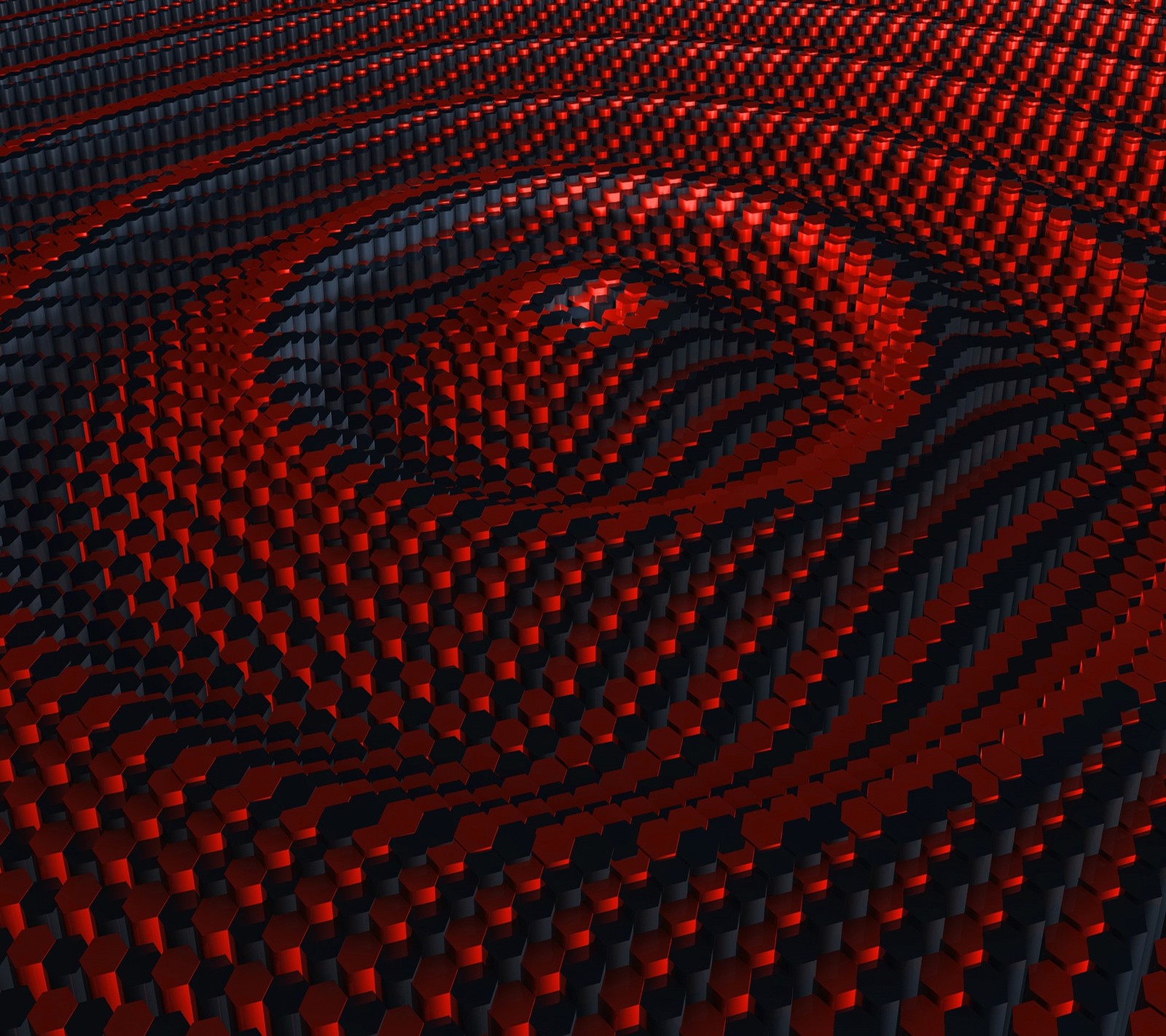 A close up of a red and black abstract background with a red and black pattern (3d, abstract, hex, hexagon, ripple)