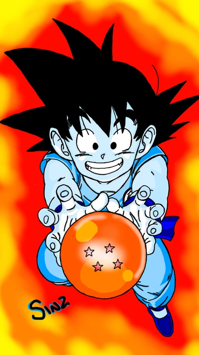 Goku de Dragon Ball libérant un Kamehameha avec une Dragon Ball à la main.