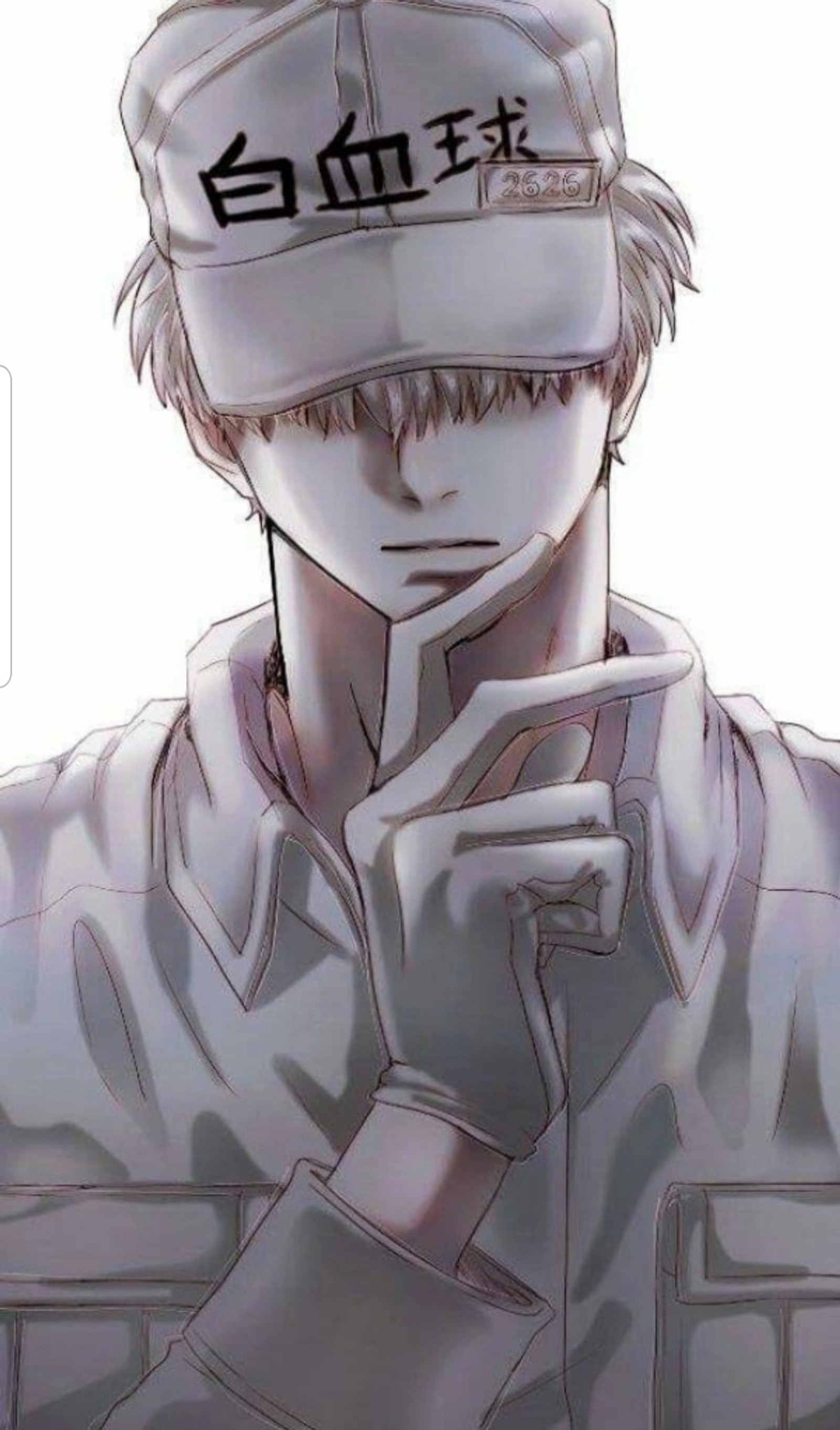 Anime character with a cap on his head and a hand on his chin (anime, anime boy, cells at work, cool, fighter)