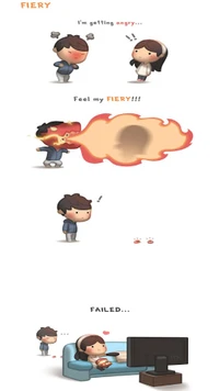 A humorous comic illustrating a character expressing anger through fiery flames, only to have their attempt thwarted, leading to a comical sense of failure.