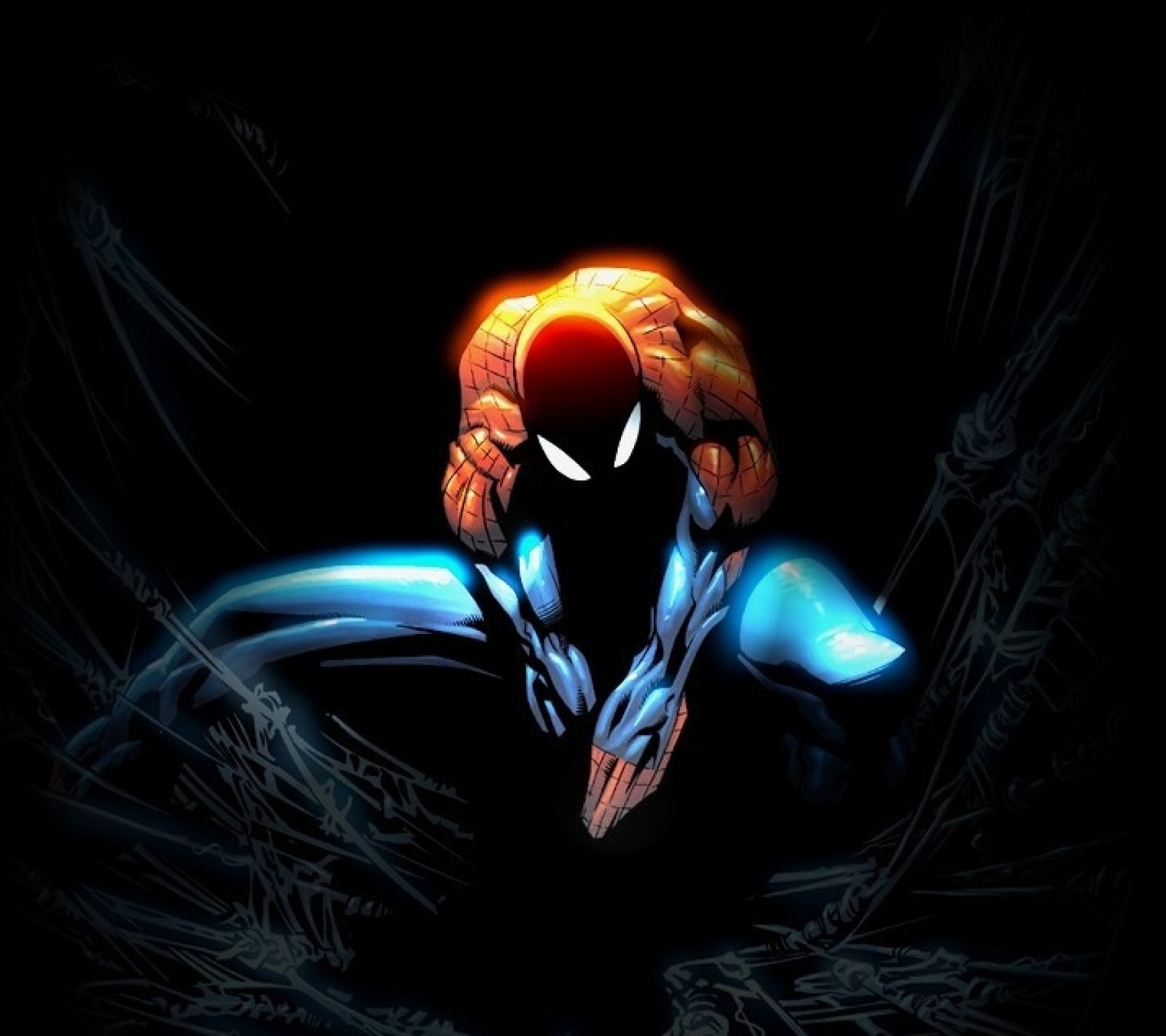 Spider-man dans l'obscurité avec des yeux brillants et une tête lumineuse (spider man, spiderman, spidey)