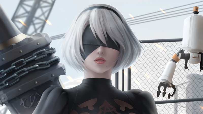 Крупный план женщины в черном наряде с оружием (nier автоматы, nier automata, лицо, кожа, моментальный снимок)