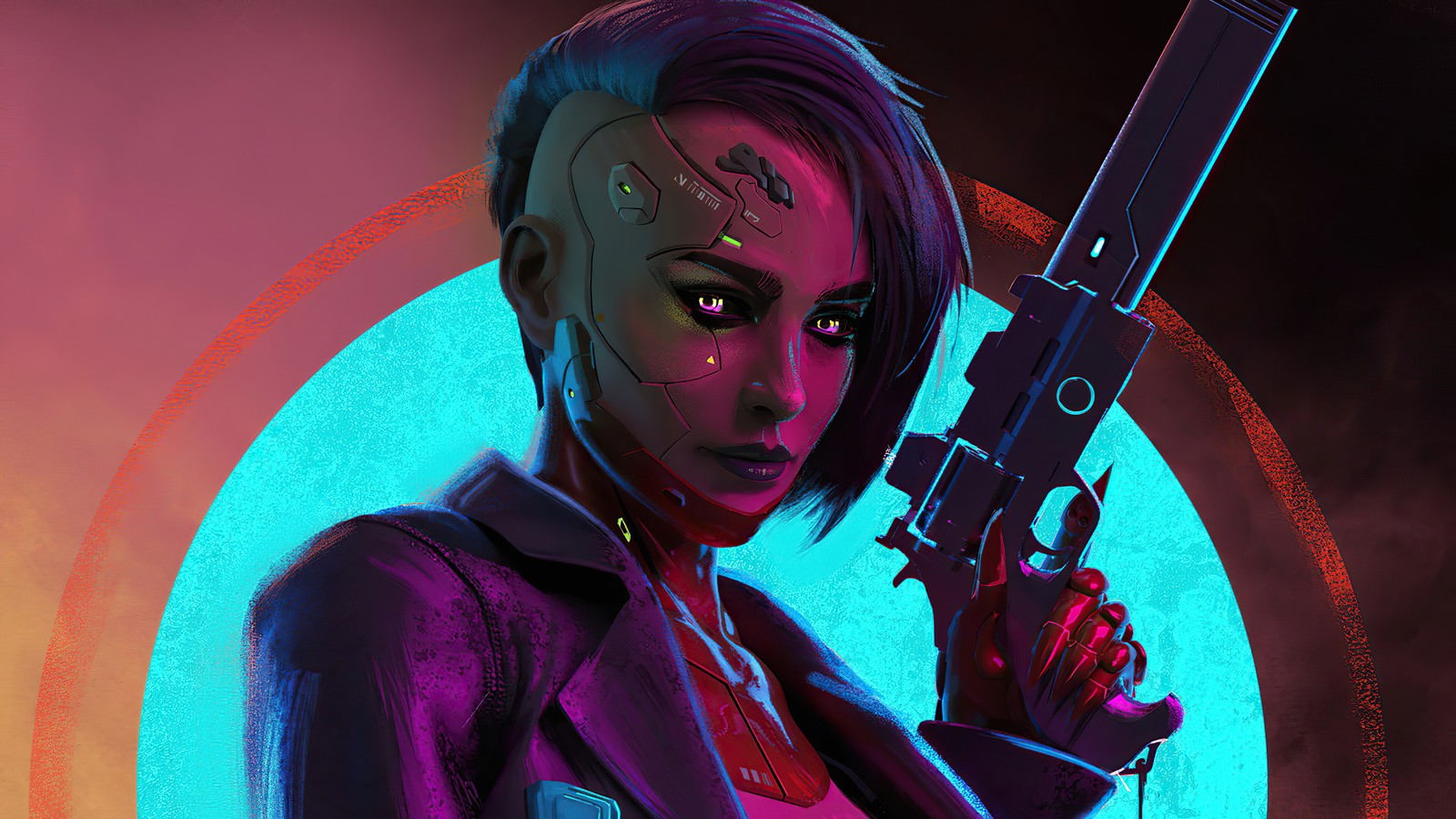 Lade cyberpunk, mädchen, pistole, waffe, sci fi Hintergrund herunter