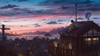 sunset, village, anime