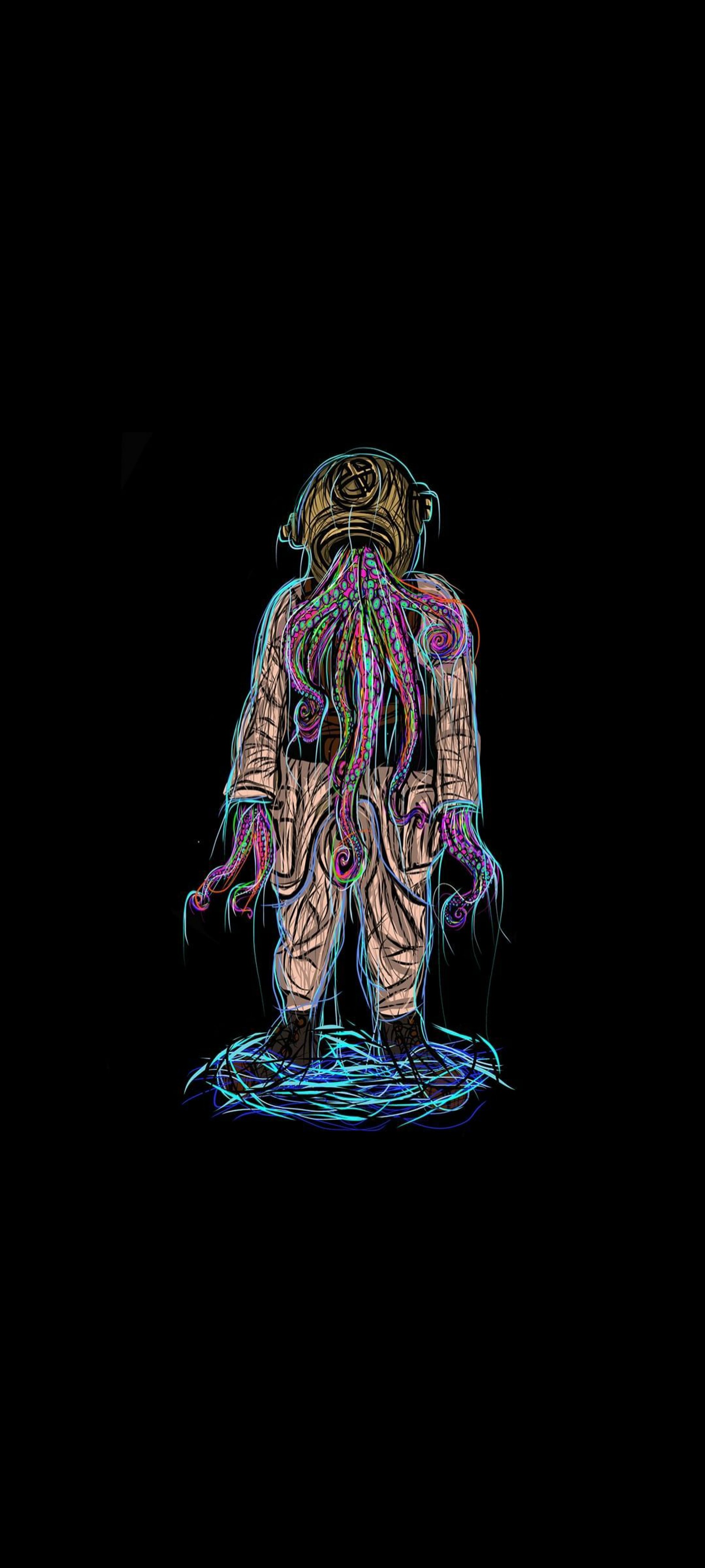 Primer plano de una persona de pie en la oscuridad con una medusa (astronauta, amoled, arte, arte digital, pintura)