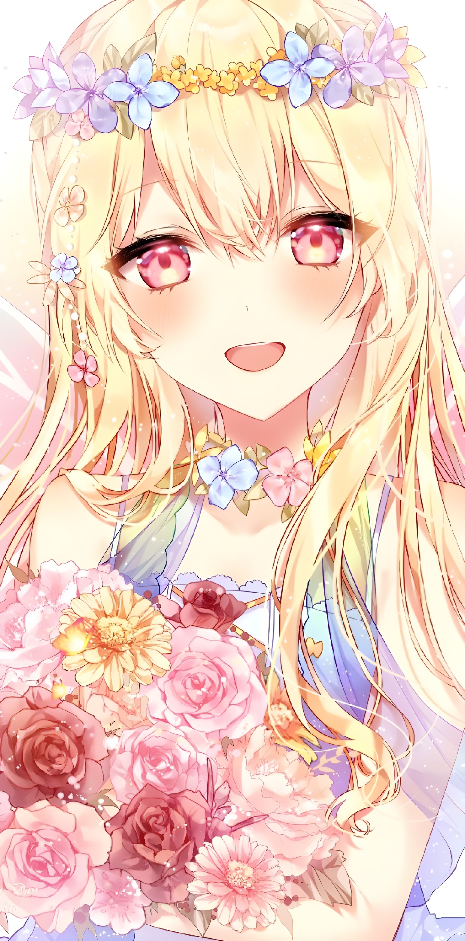 Anime-mädchen mit blumen im haar, das einen blumenstrauß hält (anime, blond, ärmel, niedlichkeit, kawaii)