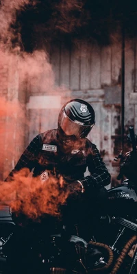 Rider in a Motorcycle Helmet Amidst Smoke and Urban Vibes