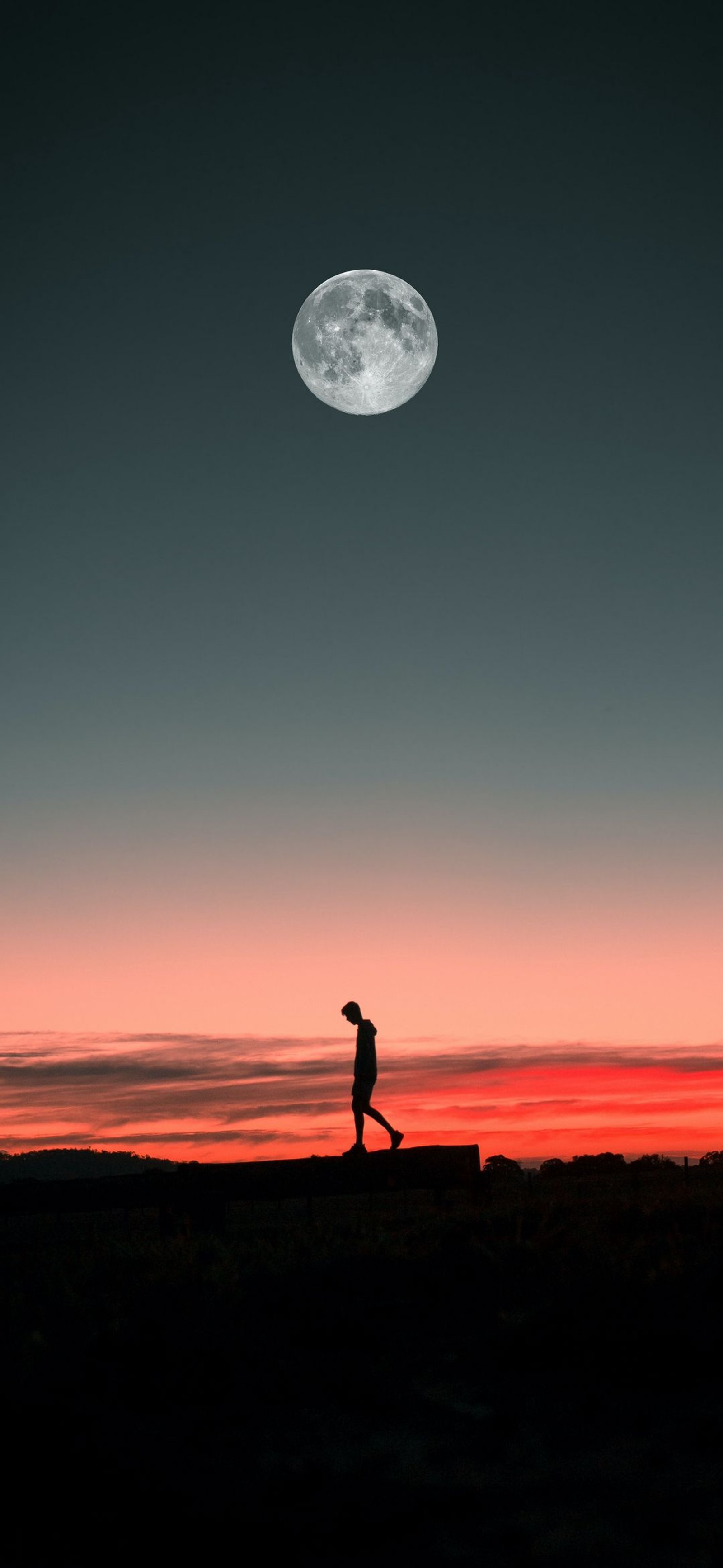 Vista aérea de um homem correndo em um campo com uma lua cheia ao fundo. (smartphone, telefone, atmosfera, ecorregião, lua)