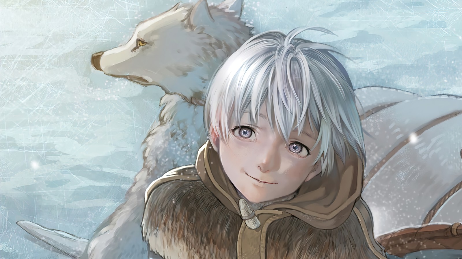 Menino de anime com cabelo branco e uma jaqueta marrom em pé ao lado de um lobo branco (fushi, joaan, joan, para a sua eternidade, anime)