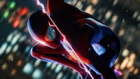 Miles Morales in Action: Swinging Through a Neon Cityscape in Marvel's Spider-Man for PS5