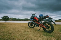 motorcycle, bicycle, grass, landscape, car