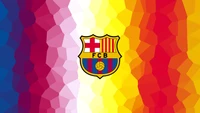 Emblema del FC Barcelona sobre un fondo geométrico vibrante