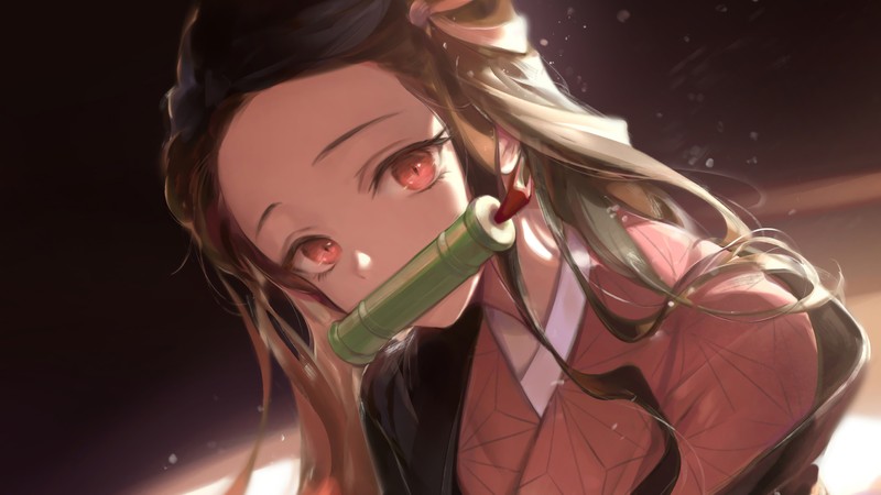 Аниме девушка с зеленым предметом во рту (nezuko kamado, kimetsu no yaiba, убийца демонов кимэцу но яиба, demon slayer kimetsu no yaiba, аниме)