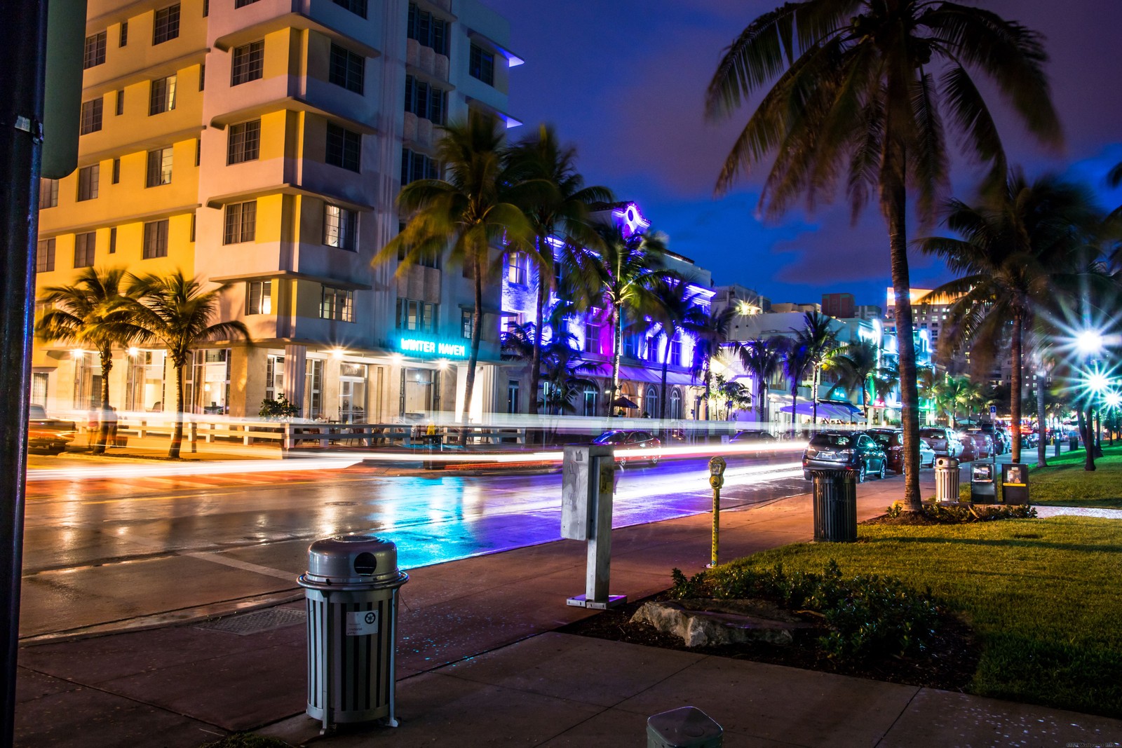 Nachtansicht einer stadtstraße mit palmen und einer straßenlaterne (miami, nacht, beleuchtung, palme, stadt)