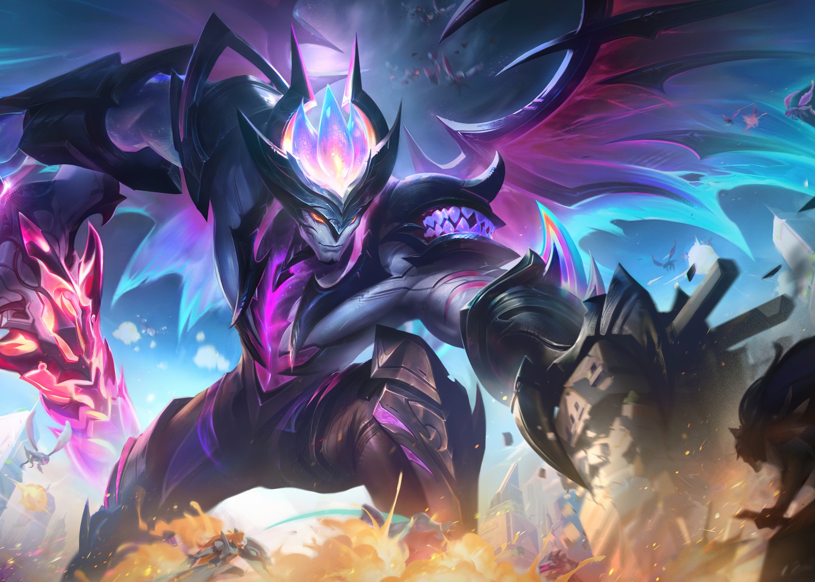 A hero in a purple outfit with a large, black and purple face and wings (primordian aatrox, league of legends, games, 4k wallpaper)