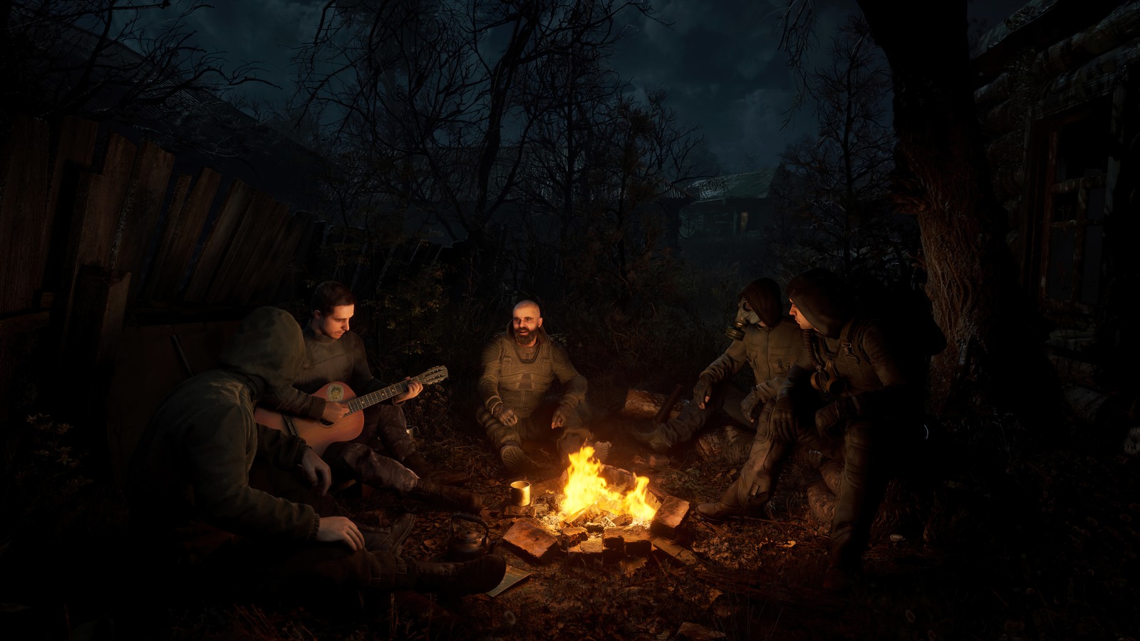 Arafed group of men sitting around a campfire in the woods (stalker 2 heart of chernobyl, video game, stalker 2, campfire)